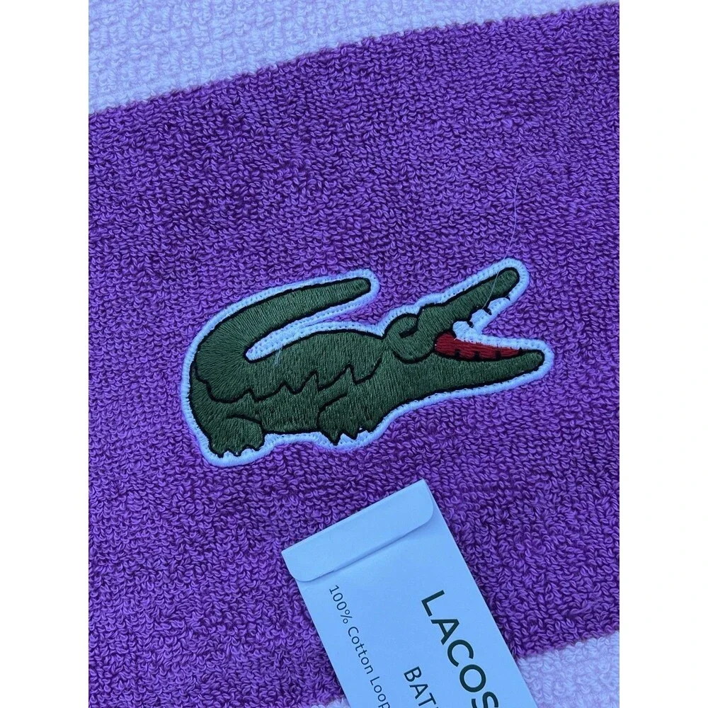 Lacoste Pink Lavender Stripe Bath Towel 100% Cotton Crocodile Logo New 2 Piece